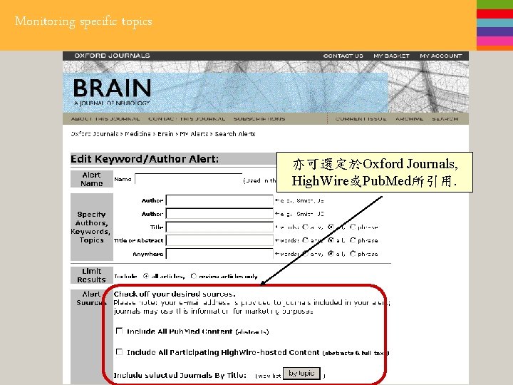 Monitoring specific topics 亦可選定於Oxford Journals, High. Wire或Pub. Med所引用. 