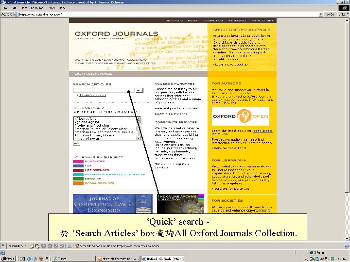 ‘Quick’ search 於 ‘Search Articles’ box查詢All Oxford Journals Collection. 