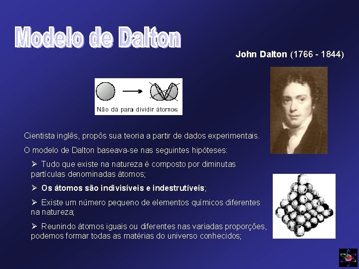 John Dalton (1766 - 1844) Cientista inglês, propôs sua teoria a partir de dados