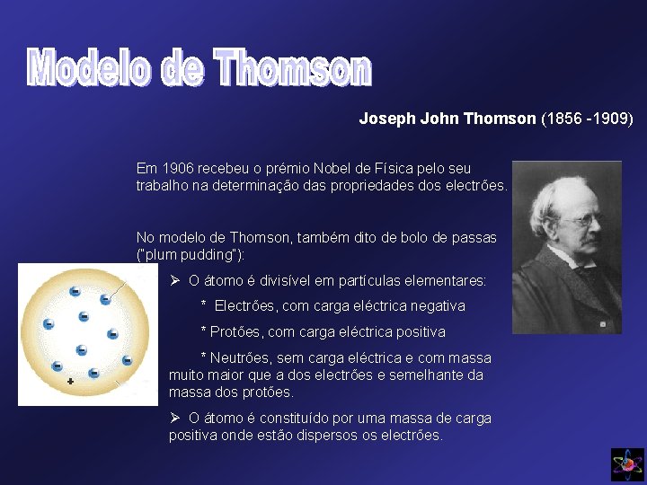 Joseph John Thomson (1856 -1909) Em 1906 recebeu o prémio Nobel de Física pelo