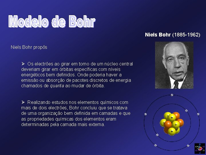 Niels Bohr (1885 -1962) Niels Bohr propôs Ø Os electrões ao girar em torno