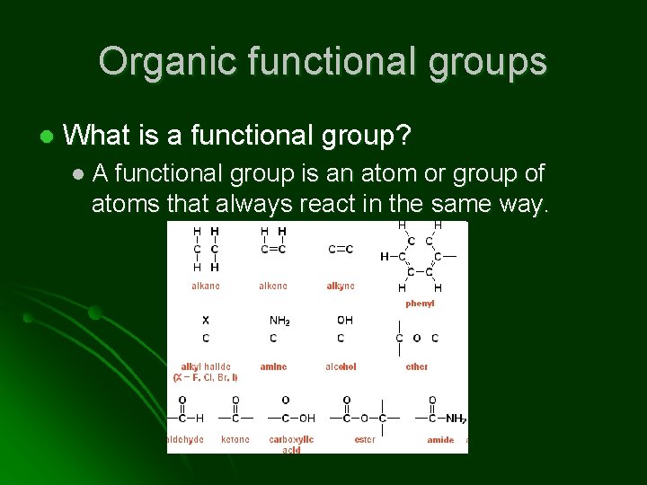 Organic functional groups l What is a functional group? l. A functional group is