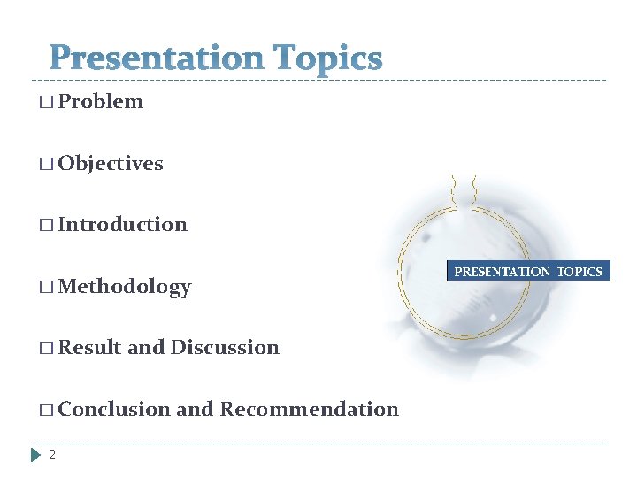 Presentation Topics � Problem � Objectives � Introduction � Methodology � Result and Discussion