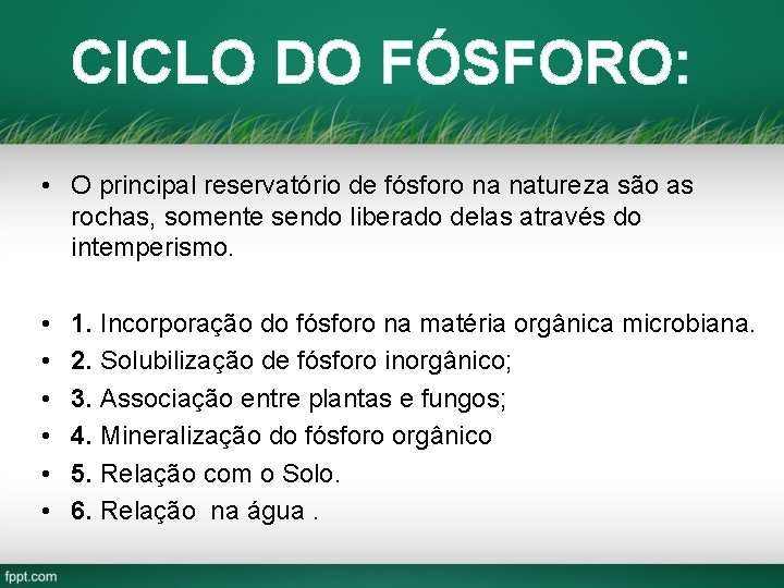 CICLO DO FÓSFORO: • O principal reservatório de fósforo na natureza são as rochas,