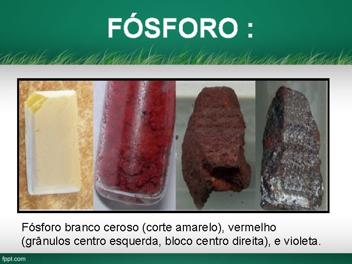 FÓSFORO : Fósforo branco ceroso (corte amarelo), vermelho (grânulos centro esquerda, bloco centro direita),