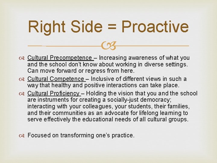 Right Side = Proactive Cultural Precompetence – Increasing awareness of what you and the