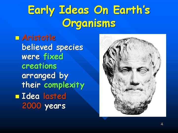 Early Ideas On Earth’s Organisms Aristotle believed species were fixed creations arranged by their