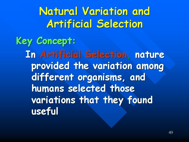 Natural Variation and Artificial Selection Key Concept: In Artificial Selection, nature provided the variation