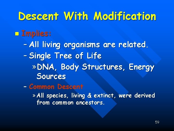 Descent With Modification n Implies: – All living organisms are related. – Single Tree