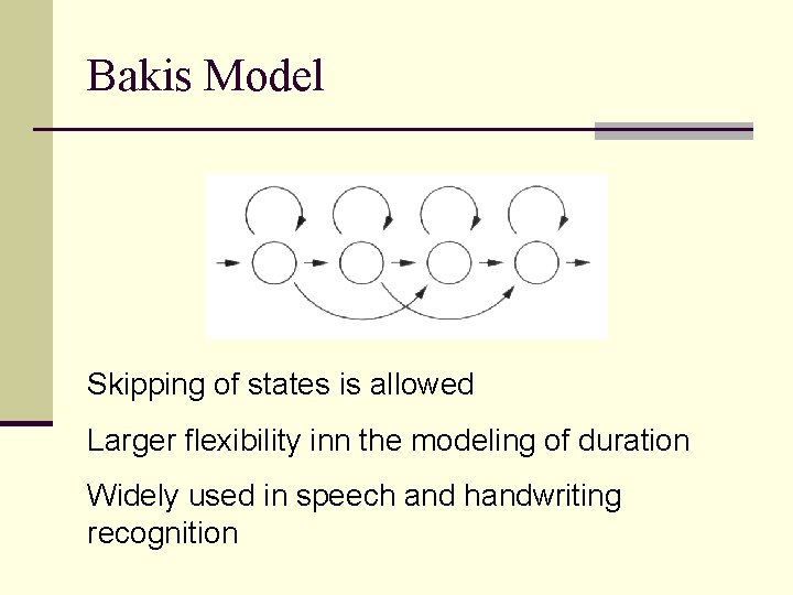 Bakis Model Skipping of states is allowed Larger flexibility inn the modeling of duration