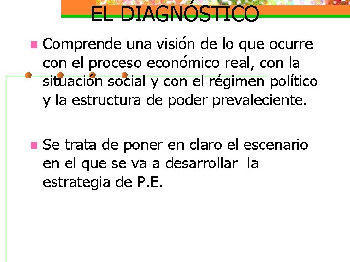 EL DIAGNÓSTICO n Comprende una visión de lo que ocurre con el proceso económico