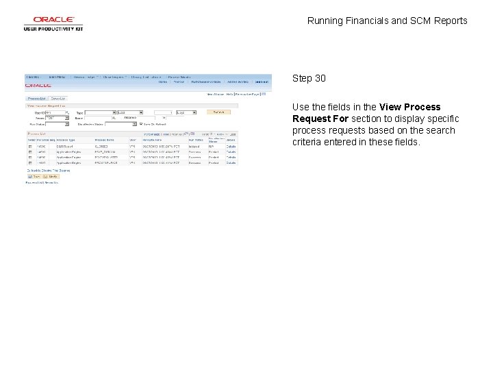 Running Financials and SCM Reports Step 30 Use the fields in the View Process