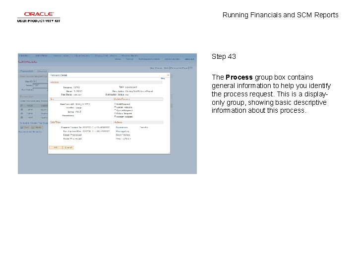 Running Financials and SCM Reports Step 43 The Process group box contains general information
