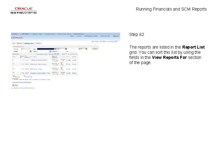 Running Financials and SCM Reports Step 62 The reports are listed in the Report