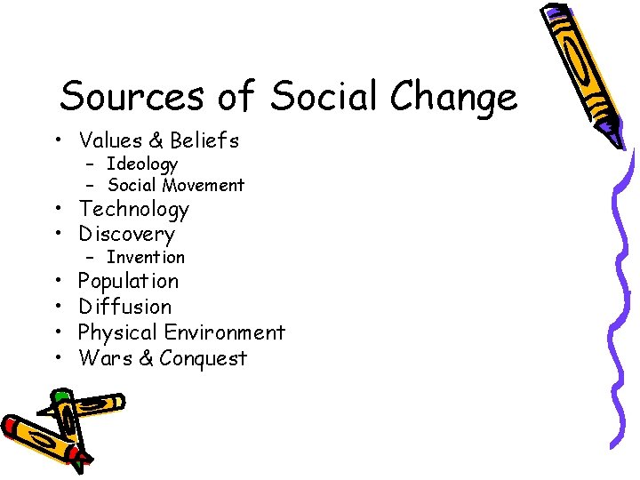 Sources of Social Change • Values & Beliefs – Ideology – Social Movement •