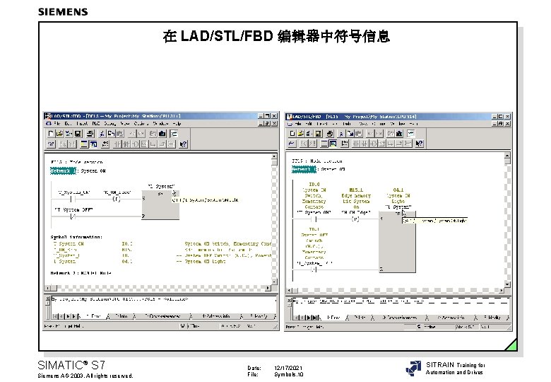 在 LAD/STL/FBD 编辑器中符号信息 SIMATIC® S 7 Siemens AG 2003. All rights reserved. Date: File: