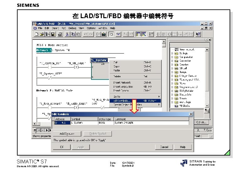 在 LAD/STL/FBD 编辑器中编辑符号 SIMATIC® S 7 Siemens AG 2003. All rights reserved. Date: File: