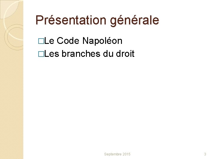 Présentation générale �Le Code Napoléon �Les branches du droit Septembre 2015 3 