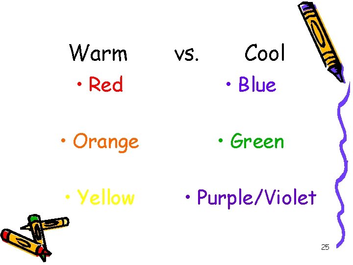 Warm vs. Cool • Red • Blue • Orange • Green • Yellow •