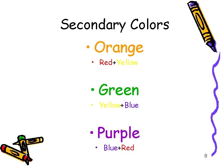 Secondary Colors • Orange • Red+Yellow • Green • Yellow+Blue • Purple • Blue+Red