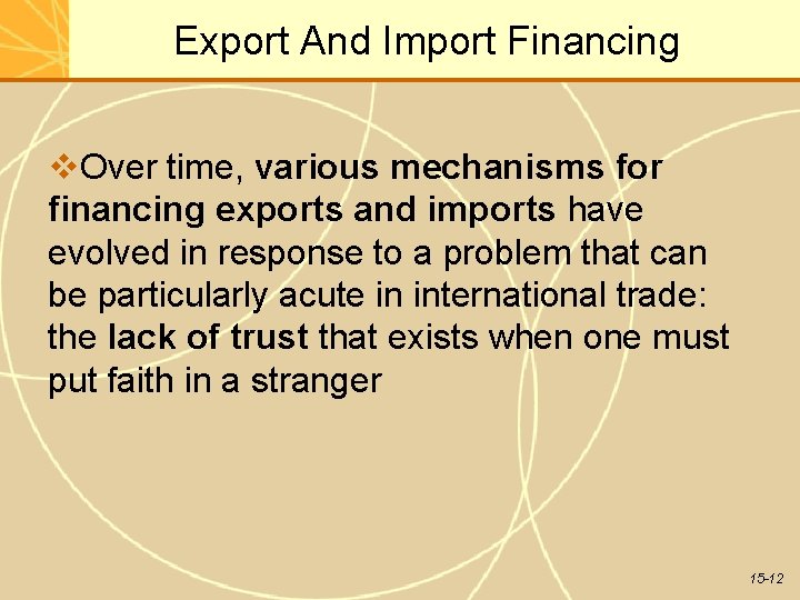 Export And Import Financing Over time, various mechanisms for financing exports and imports have