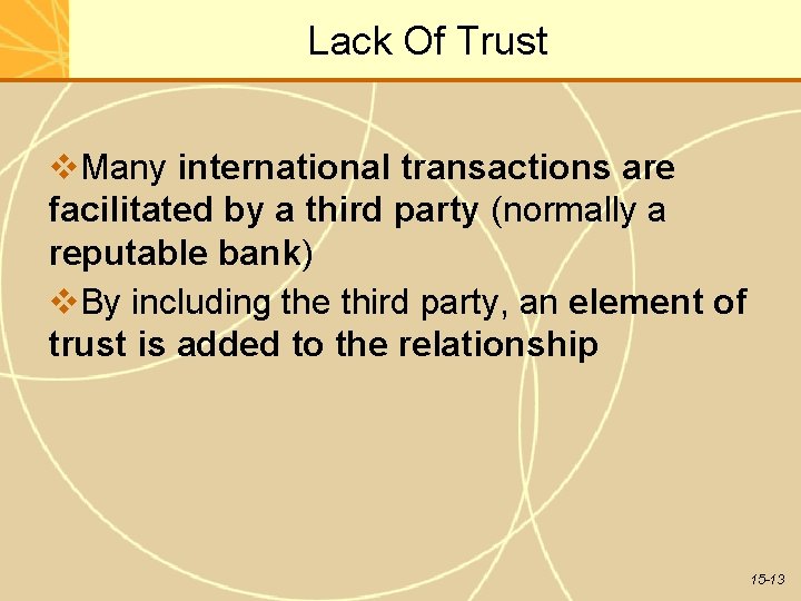 Lack Of Trust Many international transactions are facilitated by a third party (normally a