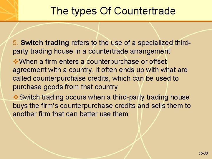 The types Of Countertrade 5. Switch trading refers to the use of a specialized