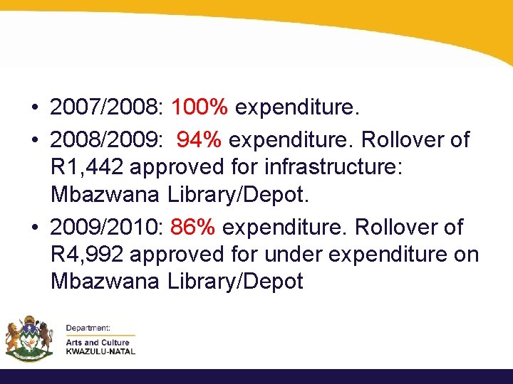  • 2007/2008: 100% expenditure. • 2008/2009: 94% expenditure. Rollover of R 1, 442
