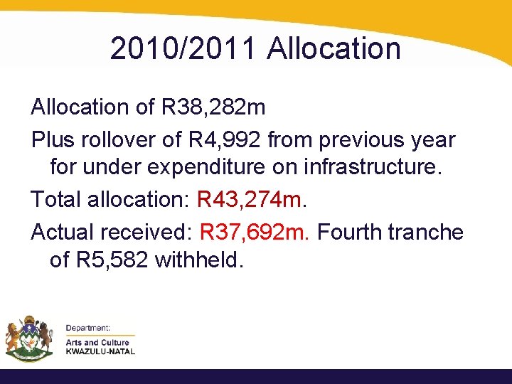 2010/2011 Allocation of R 38, 282 m Plus rollover of R 4, 992 from