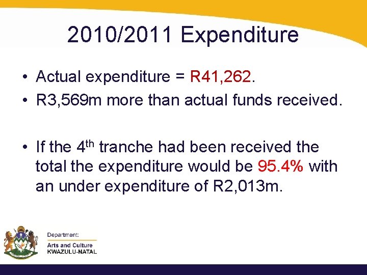 2010/2011 Expenditure • Actual expenditure = R 41, 262. • R 3, 569 m