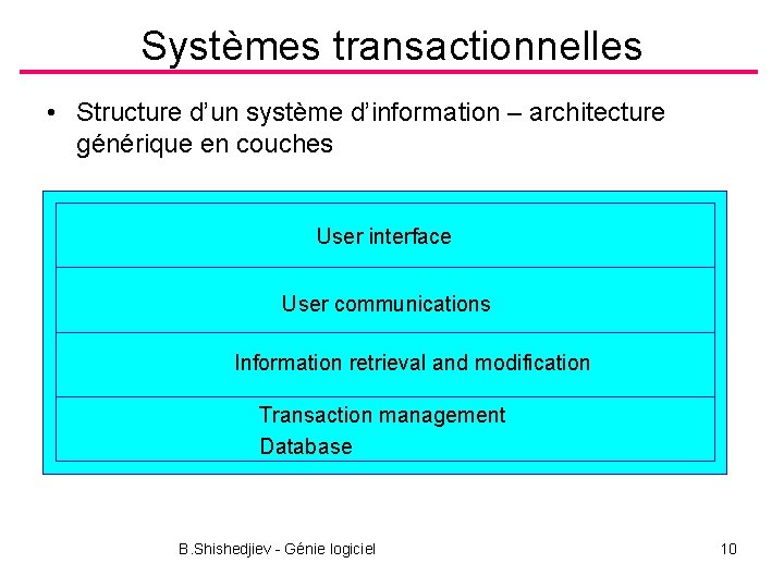 Systèmes transactionnelles • Structure d’un système d’information – architecture générique en couches User interface