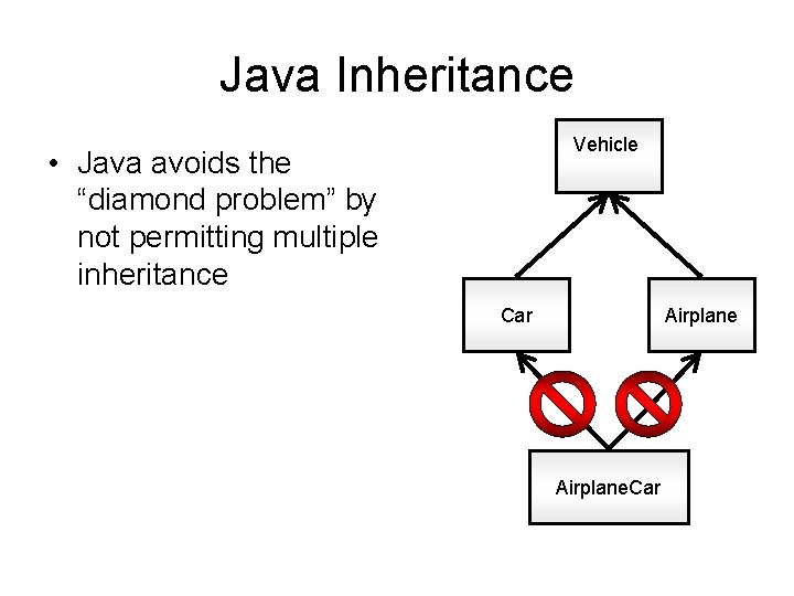Java Inheritance Vehicle • Java avoids the “diamond problem” by not permitting multiple inheritance