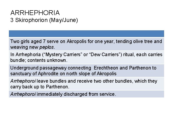 ARRHEPHORIA 3 Skirophorion (May/June) Two girls aged 7 serve on Akropolis for one year,