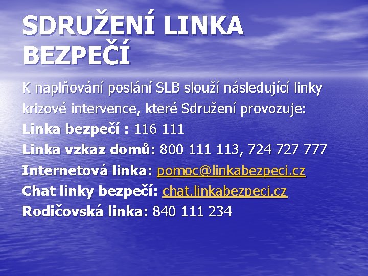 SDRUŽENÍ LINKA BEZPEČÍ K naplňování poslání SLB slouží následující linky krizové intervence, které Sdružení