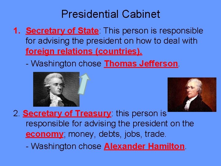 Presidential Cabinet 1. Secretary of State: This person is responsible for advising the president