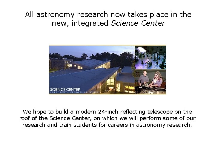 All astronomy research now takes place in the new, integrated Science Center We hope
