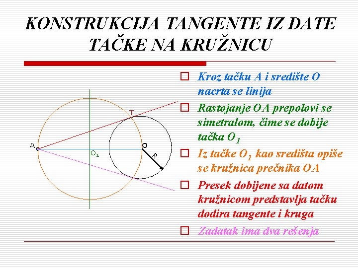 KONSTRUKCIJA TANGENTE IZ DATE TAČKE NA KRUŽNICU T A O 1 o R o