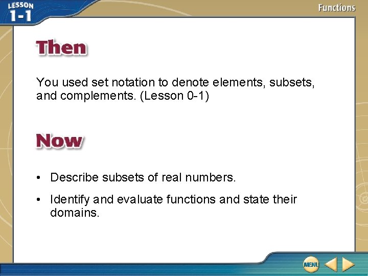 You used set notation to denote elements, subsets, and complements. (Lesson 0 -1) •
