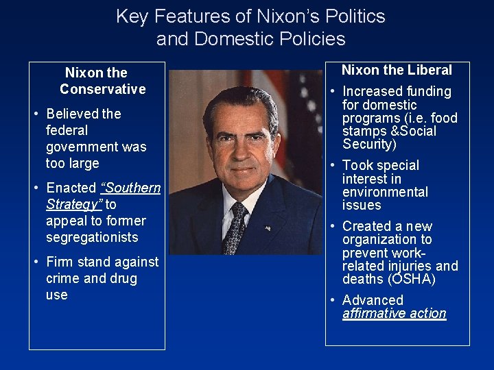 Key Features of Nixon’s Politics and Domestic Policies Nixon the Conservative • Believed the