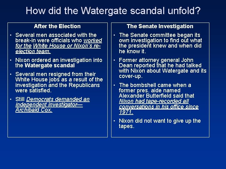 How did the Watergate scandal unfold? After the Election The Senate Investigation • Several