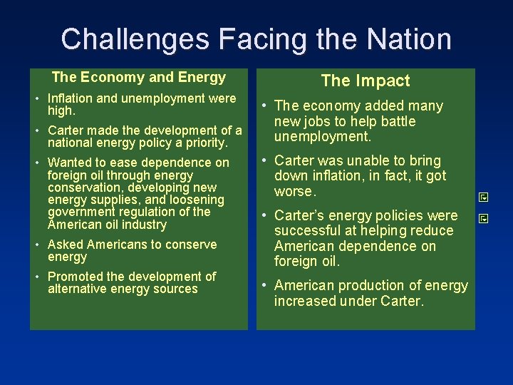 Challenges Facing the Nation The Economy and Energy • Inflation and unemployment were high.