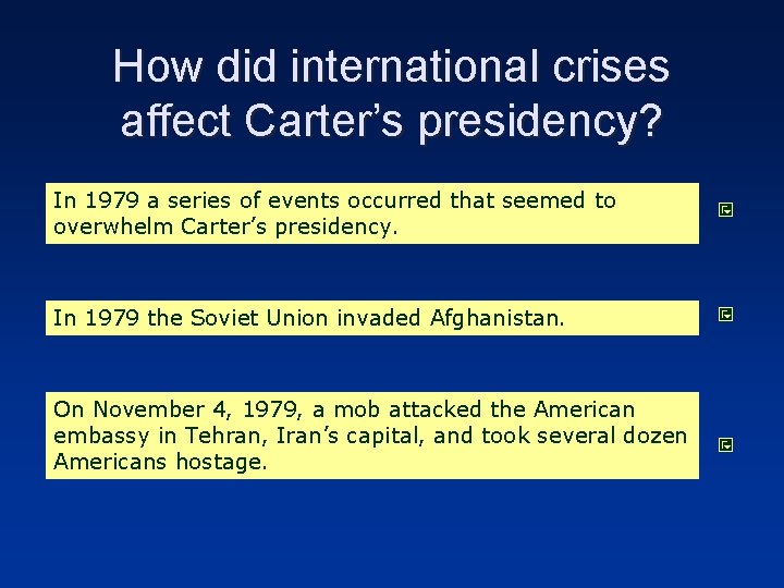 How did international crises affect Carter’s presidency? In 1979 a series of events occurred