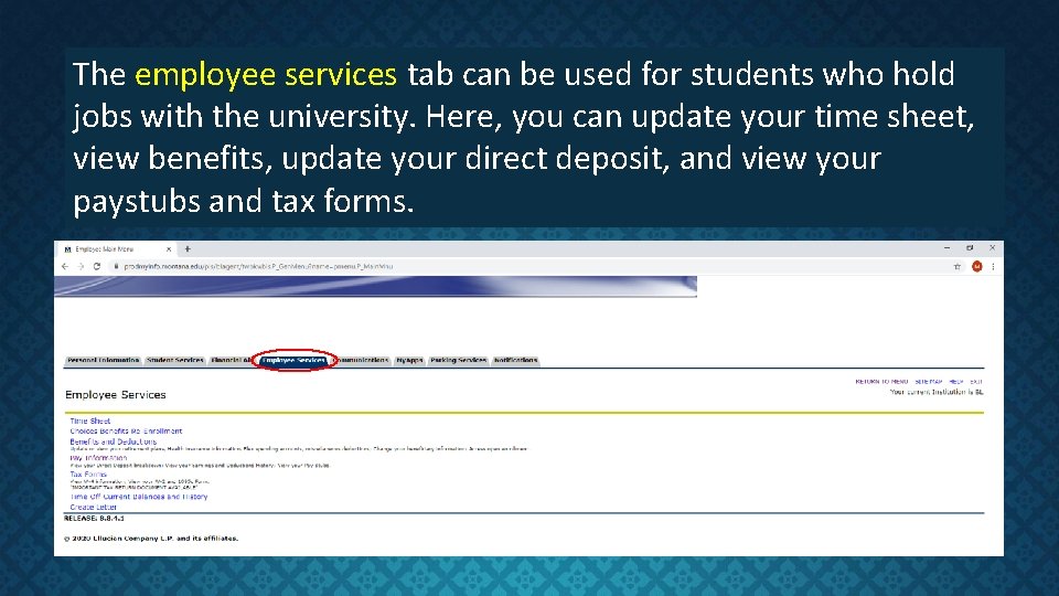 The employee services tab can be used for students who hold jobs with the