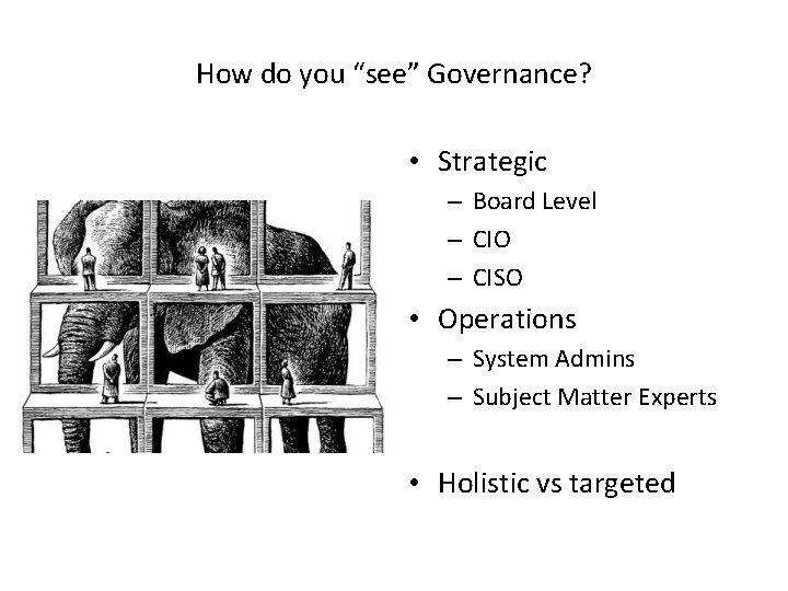 How do you “see” Governance? • Strategic – Board Level – CIO – CISO