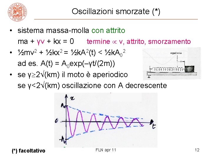 Oscillazioni smorzate (*) • sistema massa-molla con attrito ma + γv + kx =