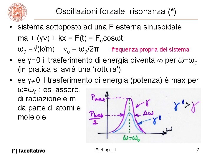 Oscillazioni forzate, risonanza (*) • sistema sottoposto ad una F esterna sinusoidale ma +