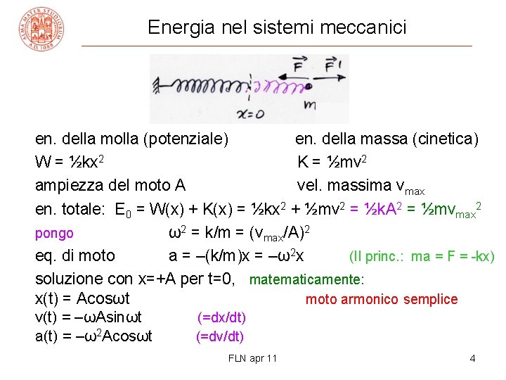 Energia nel sistemi meccanici en. della molla (potenziale) en. della massa (cinetica) W =