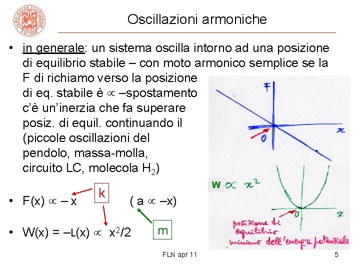 Oscillazioni armoniche • in generale: un sistema oscilla intorno ad una posizione di equilibrio