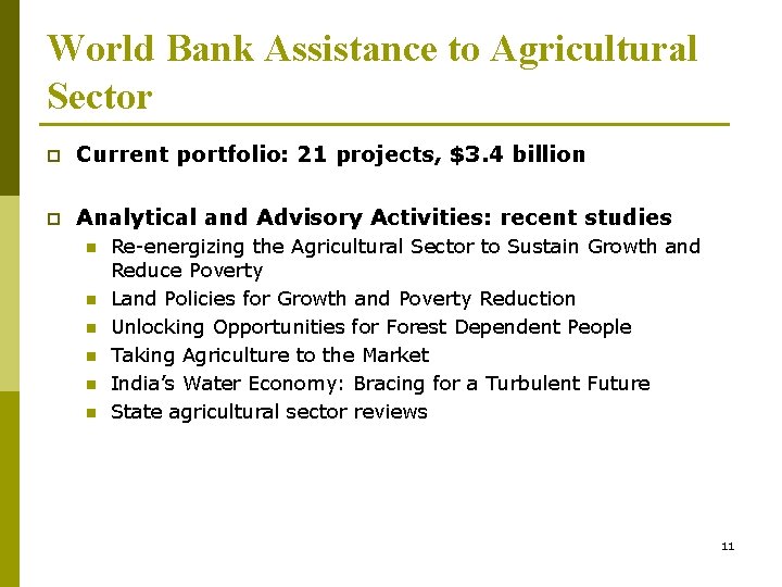 World Bank Assistance to Agricultural Sector p Current portfolio: 21 projects, $3. 4 billion
