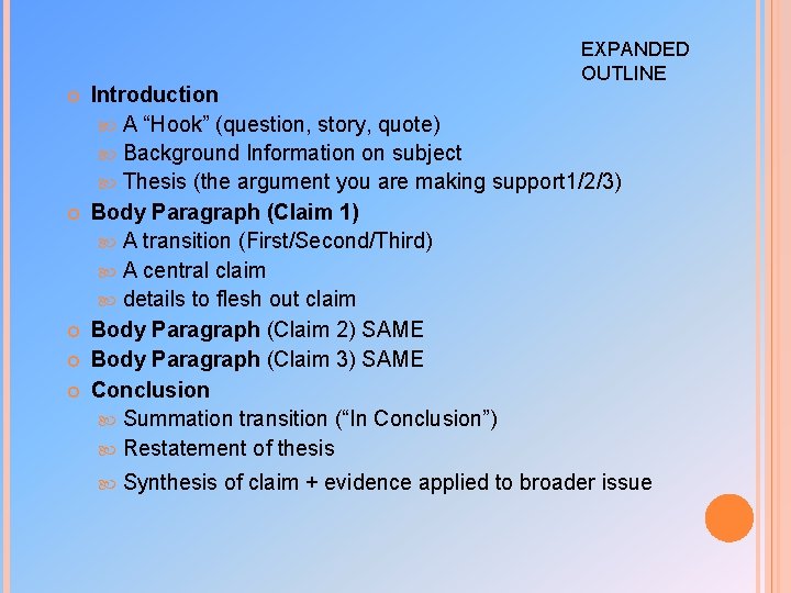 EXPANDED OUTLINE Introduction A “Hook” (question, story, quote) Background Information on subject Thesis (the